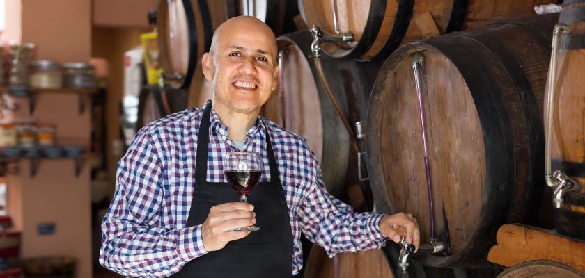 Enolog kuša vino kraj bačve vina
