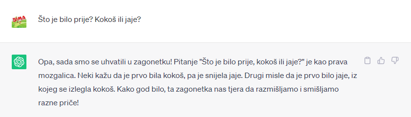 pitali smo chatgpt što je bilo prije kokoš ili jaje