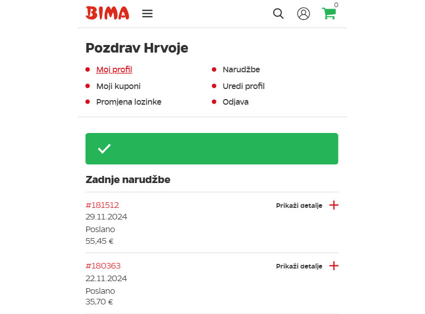 primjer registriranog korisnika Bima shopa