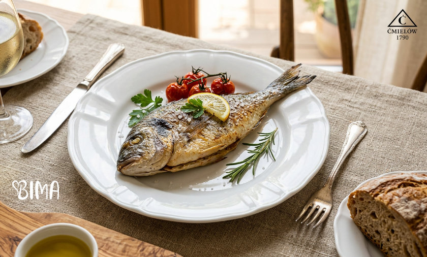 pečena pastrva na porculanskim tanjurima