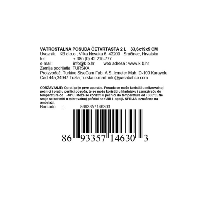 VATROSTALNA POSUDA ČETVRTASTA 2 L 33,6 x 19 x 5 cm