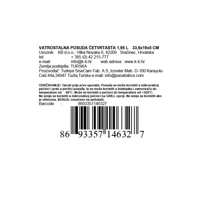 VATROSTALNA POSUDA ČETVRTASTA 1,95 L 33,6x19x5 CM