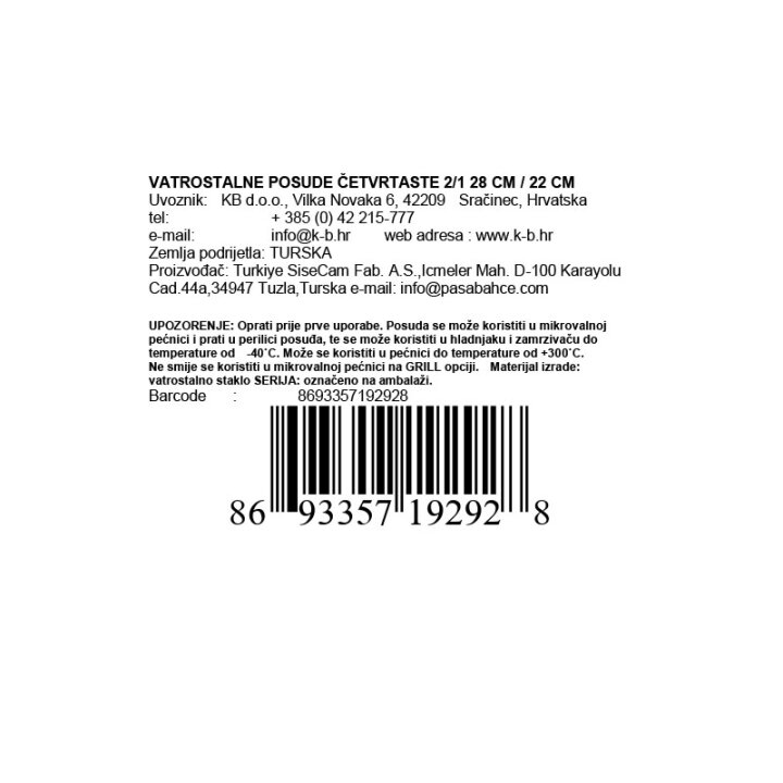 VATROSTALNE POSUDE ČETVRTASTE 2/1 22 i 28 cm