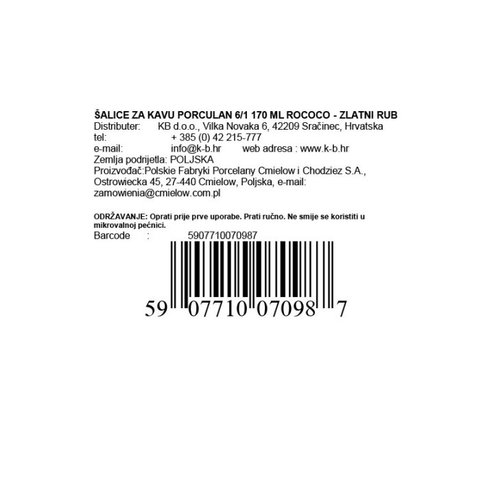 ŠALICE ZA KAVU PORCULAN 6/1 GOLD FILET 170 ML ROCOCO