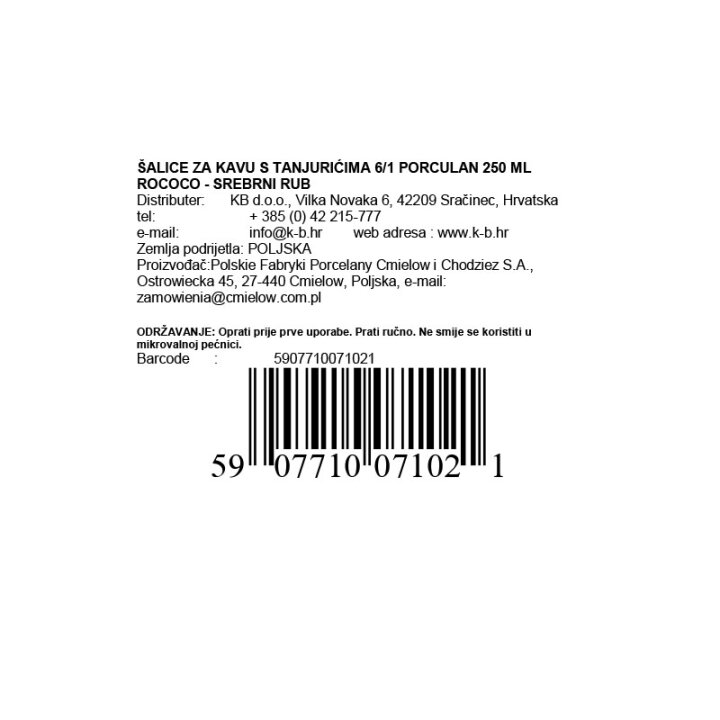 ŠALICE ZA KAVU PORCULAN 6/1 SREBRNI RUB 250 ML ROCOCO