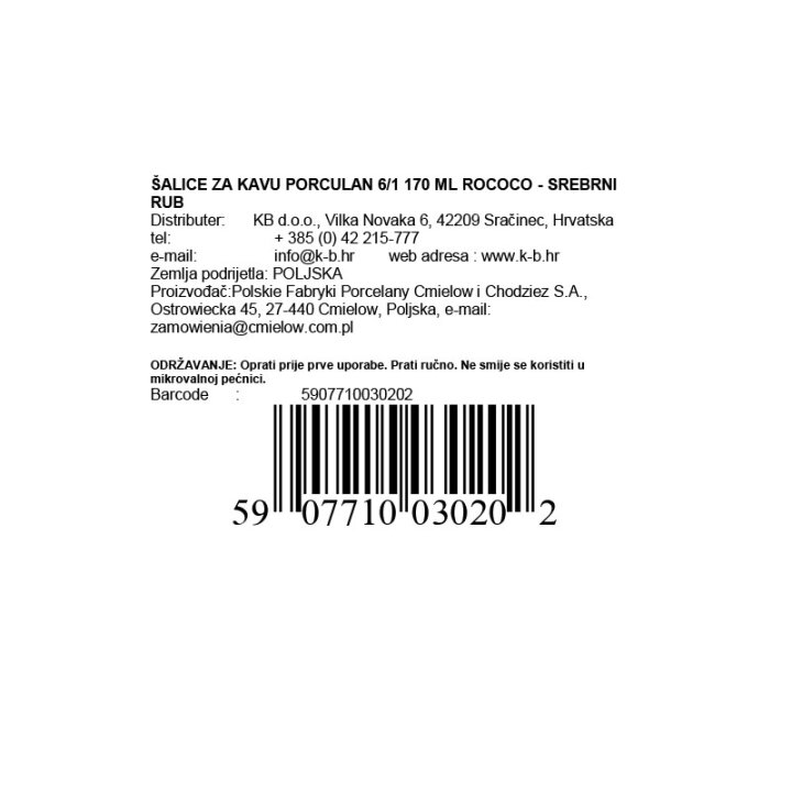 ŠALICE ZA KAVU PORCULAN 6/1 SREBRNI RUB 170 ML ROCOCO