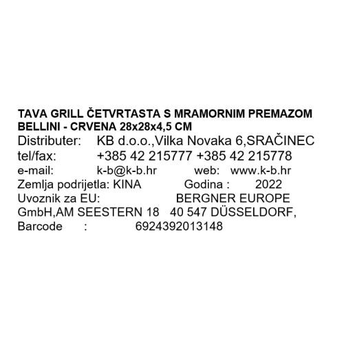 TAVA GRILL ČETVRTASTA S MRAMORNIM PREMAZOM BELLINI - CRVENA 28x28x4,5