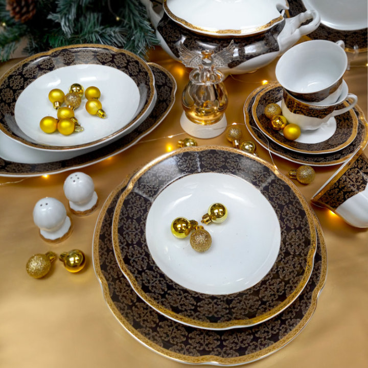 PORCULANSKI TANJURI 23 DIJELNI BOLERO - CRNO ZLATNI ORNAMENT