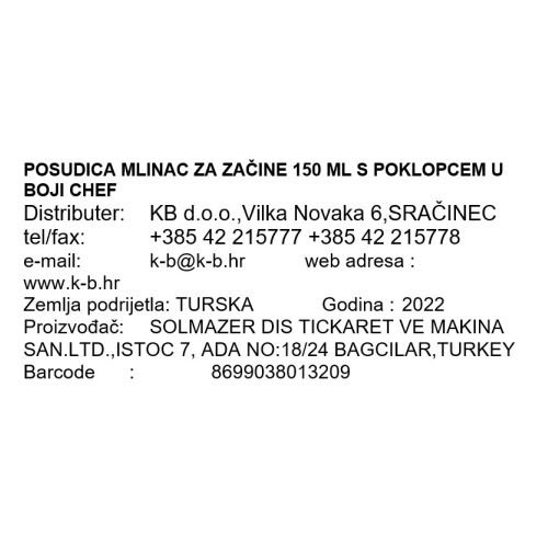 POSUDICA MLINAC ZA ZAČINE 150 ML S POKLOPCEM U BOJI CHEF
