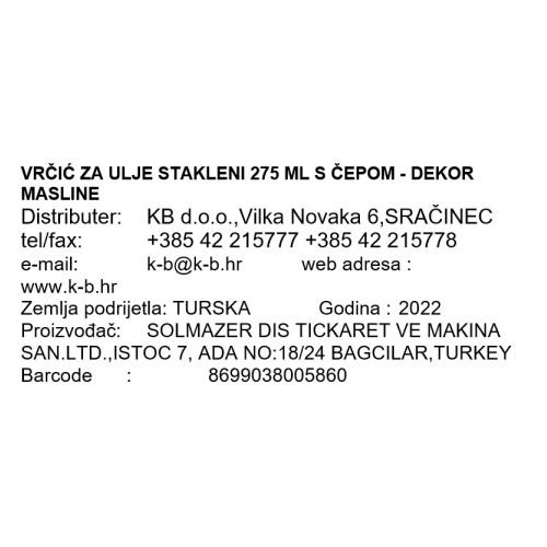 VRČIĆ ZA ULJE STAKLENI 275 ML S ČEPOM - DEKOR MASLINE