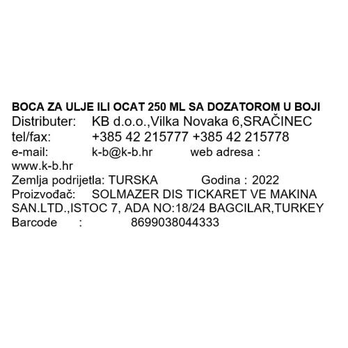 BOCA ZA ULJE ILI OCAT 250 ML SA DOZATOROM U BOJI