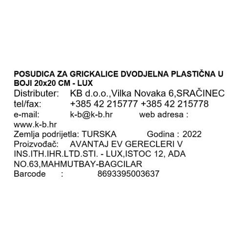 POSUDICA ZA GRICKALICE DVODIJELNA PLASTIČNA U BOJI 20x20 CM - LUX