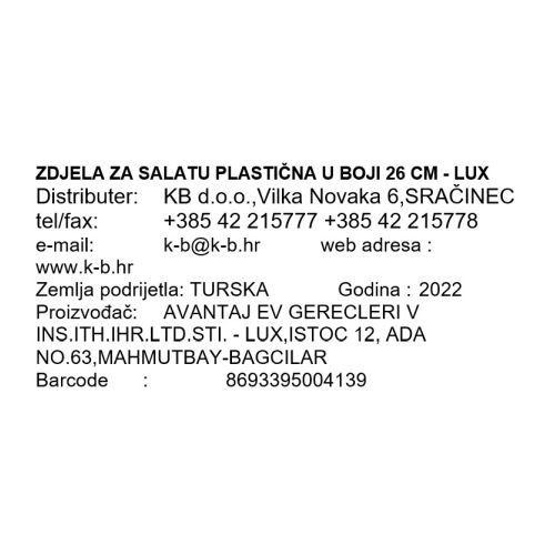ZDJELA ZA SALATU PLASTIČNA U BOJI 26 CM - LUX