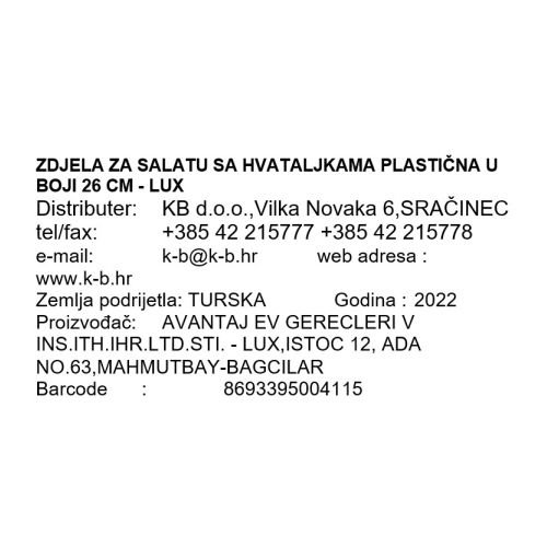 ZDJELA ZA SALATU SA HVATALJKAMA PLASTIČNA U BOJI 26 CM - LUX