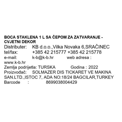 BOCA STAKLENA 1 L SA ČEPOM ZA ZATVARANJE - CVJETNI DEKOR