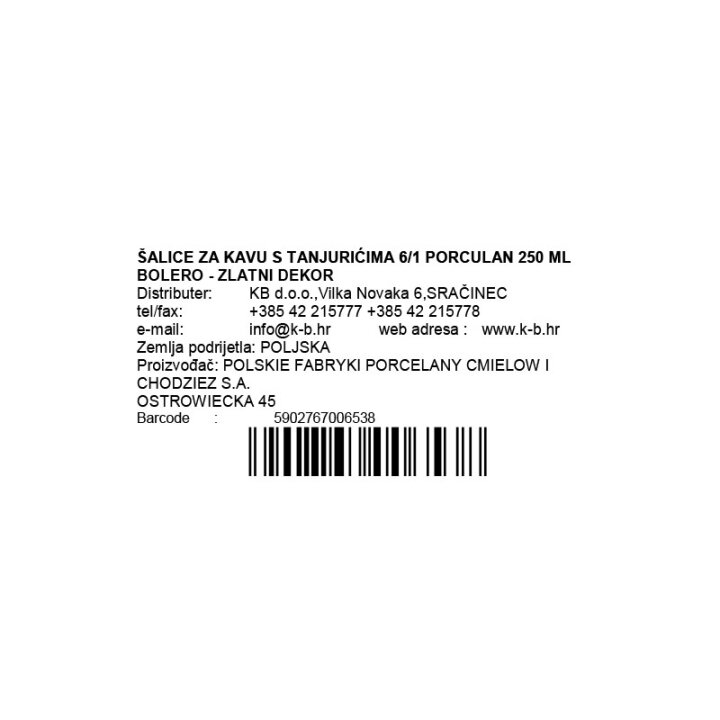 ŠALICE ZA KAVU 6/1 PORCULAN 250 ML BOLERO - ZLATNI DEKOR