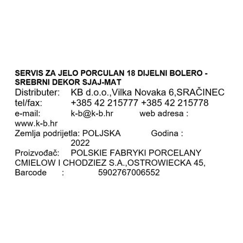 SERVIS ZA JELO PORCULAN 18 DIJELNI BOLERO - SREBRNI DEKOR SJAJ-MAT