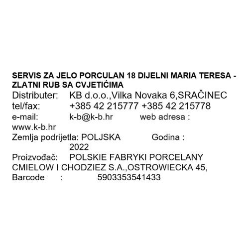 SERVIS ZA JELO PORCULAN 18 DIJELNI MARIA TERESA - ZLATNI RUB SA CVJETIĆIMA