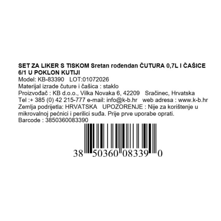 SET ZA LIKER S TISKOM Sretan rođendan ČUTURA 0,7L I ČAŠICE 6/1 U POKLON KUTIJI