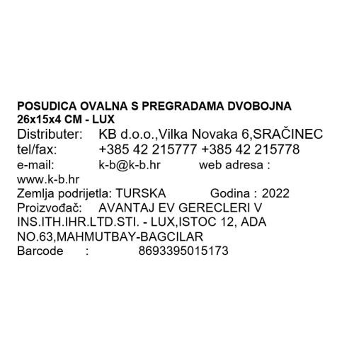 POSUDICA OVALNA S PREGRADAMA DVOBOJNA 26x15x4 CM - LUX