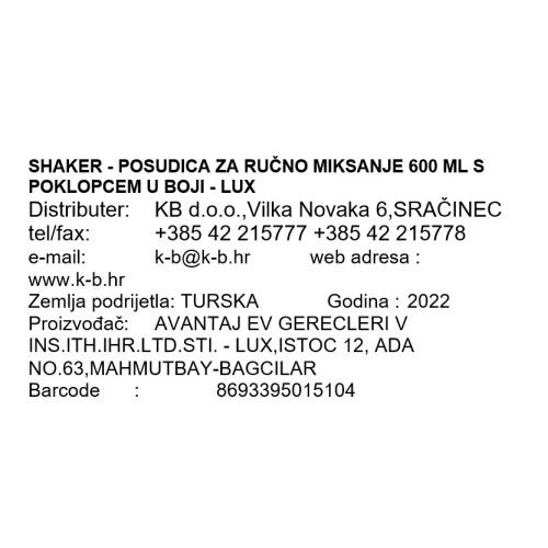 SHAKER - POSUDICA ZA RUČNO MIKSANJE 600 ML S POKLOPCEM U BOJI - LUX