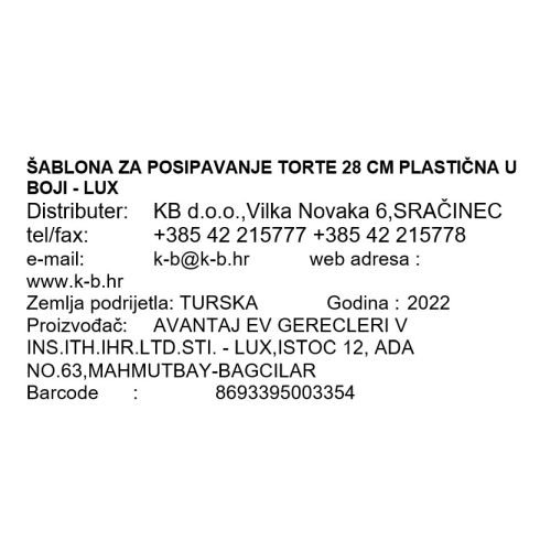 ŠABLONA ZA POSIPAVANJE TORTE 28 CM PLASTIČNA U BOJI - LUX