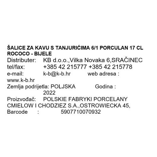 ŠALICE ZA KAVU S TANJURIĆIMA 6/1 PORCULAN 170 ML ROCOCO - BIJELE