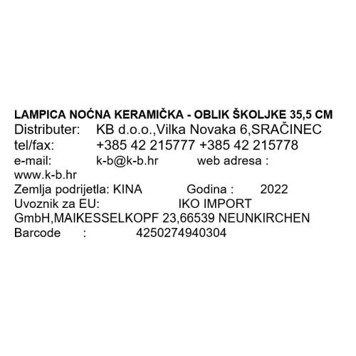 LAMPICA NOĆNA KERAMIČKA - OBLIK ŠKOLJKE 35,5 CM