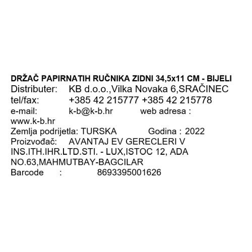 DRŽAČ PAPIRNATIH RUČNIKA ZIDNI 34,5x11 CM - BIJELI