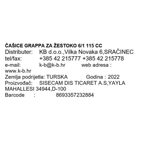 ČAŠICE GRAPPA ZA ŽESTOKO 6/1 115 CC