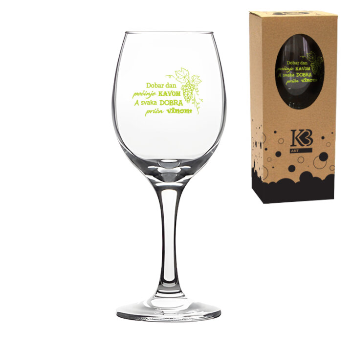 ČAŠA ZA VINO S NATPISOM - Dobar dan počinje... U POKLON KUTIJI 370 Ml