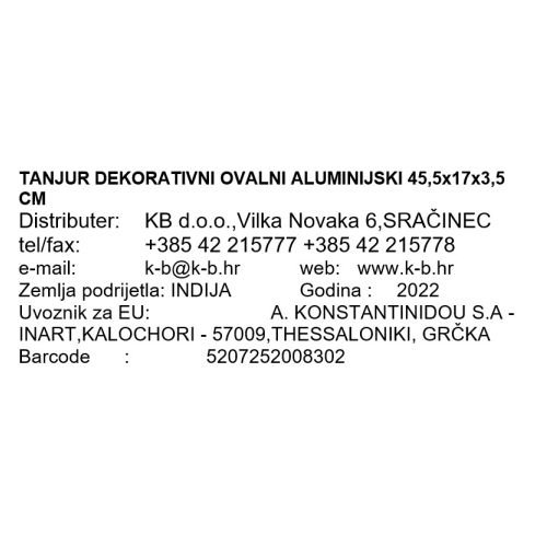 TANJUR DEKORATIVNI OVALNI ALUMINIJSKI 45,5x17x3,5 CM