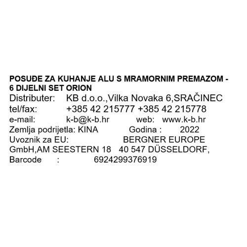 6 DIJELNI SET POSUĐA ZA KUHANJE ORION, TAVE I LONCI S MRAMORNIM PREMAZOM