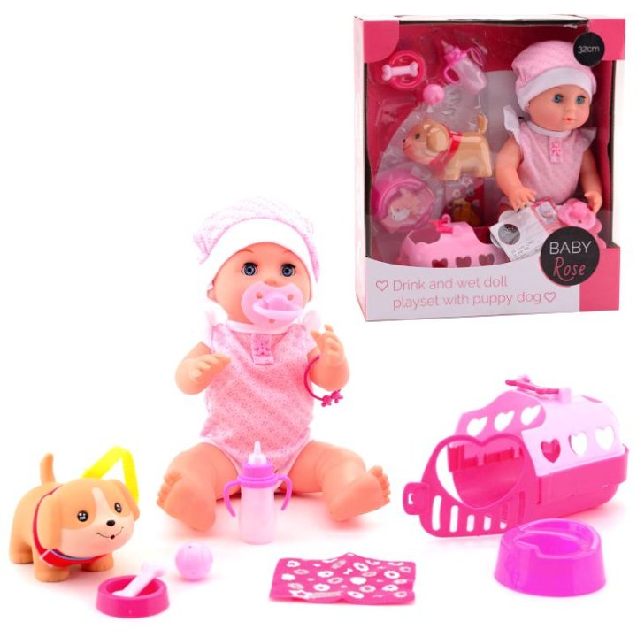 Lutka dojenče 32 cm s psićem i priborom - Baby Rose