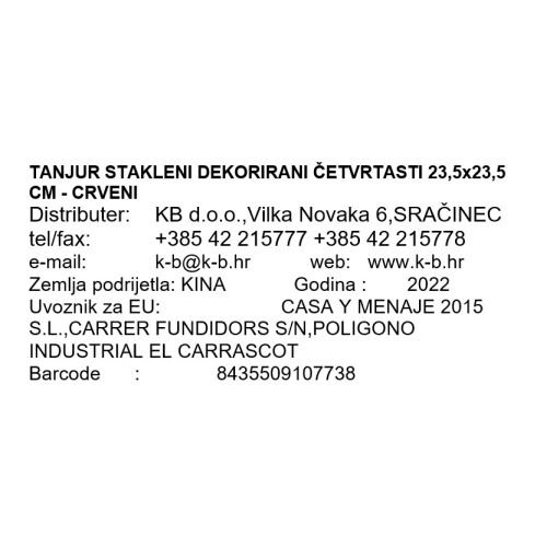 TANJUR STAKLENI DEKORIRANI ČETVRTASTI 23,5x23,5 CM - CRVENI