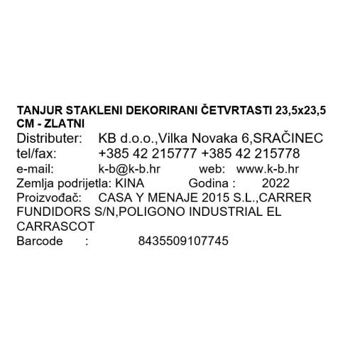 TANJUR STAKLENI DEKORIRANI ČETVRTASTI 23,5x23,5 CM - ZLATNI
