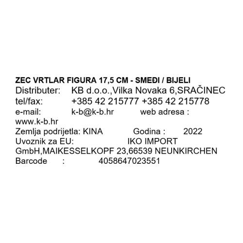 ZEC VRTLAR FIGURA 17,5 CM - SMEĐI / BIJELI