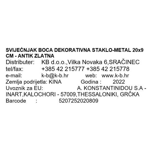 SVIJEĆNJAK BOCA DEKORATIVNA STAKLO-METAL 20x9 CM - ANTIK ZLATNA