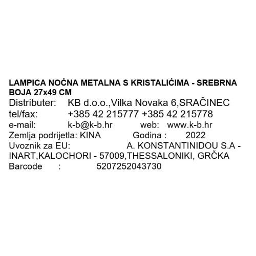 LAMPICA NOĆNA METALNA S KRISTALIĆIMA - SREBRNA BOJA 27x49 CM