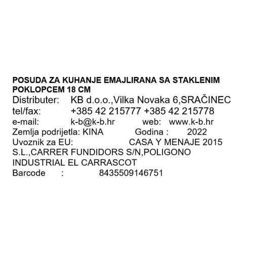 POSUDA ZA KUHANJE EMAJLIRANA SA STAKLENIM POKLOPCEM 18 CM