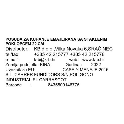 POSUDA ZA KUHANJE EMAJLIRANA SA STAKLENIM POKLOPCEM 22 CM