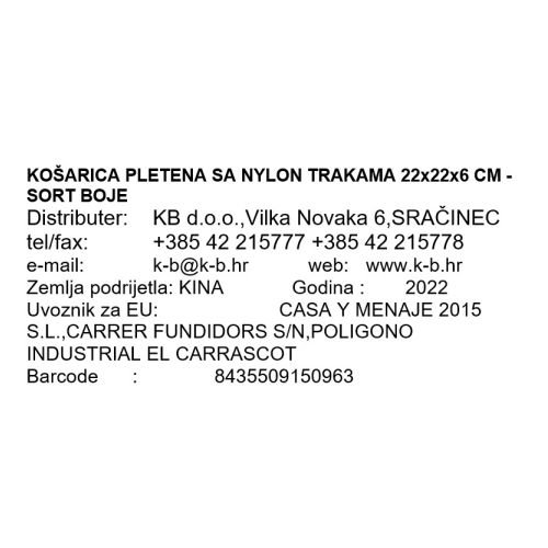 KOŠARICA PLETENA SA NYLON TRAKAMA 22x22x6 CM - SORT BOJE