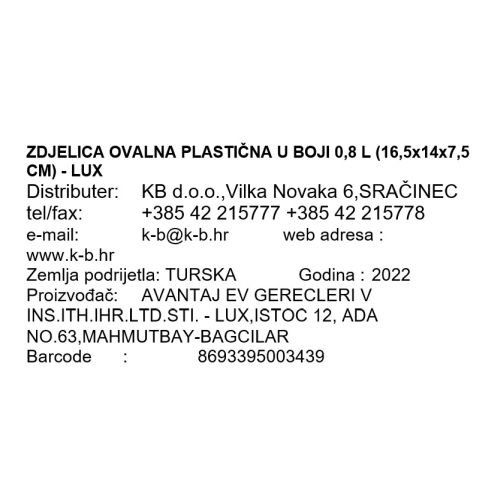ZDJELICA OVALNA PLASTIČNA U BOJI 0,8 L  - LUX