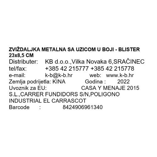 ZVIŽDALJKA METALNA SA UZICOM U BOJI - BLISTER 23x8,5 CM