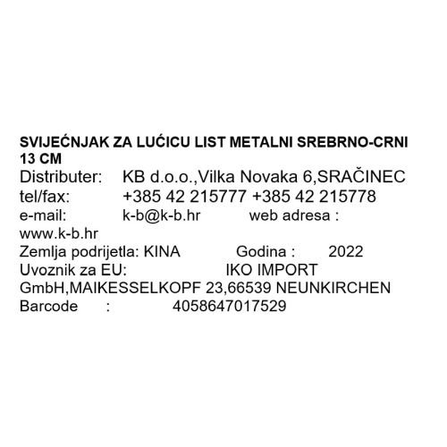 SVIJEĆNJAK ZA LUĆICU LIST METALNI SREBRNO-CRNI 13 CM
