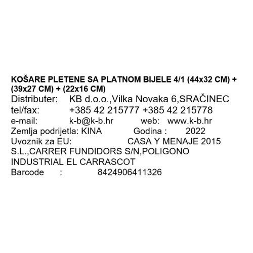 KOŠARE PLETENE SA PLATNOM BIJELE 4/1 (44x32 CM) + (39x27 CM) + (22x16 CM)