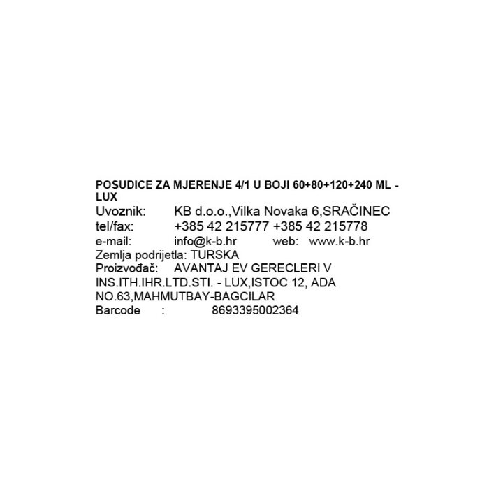 POSUDICE ZA MJERENJE 4/1 U BOJI 60+80+120+240 ML - LUX