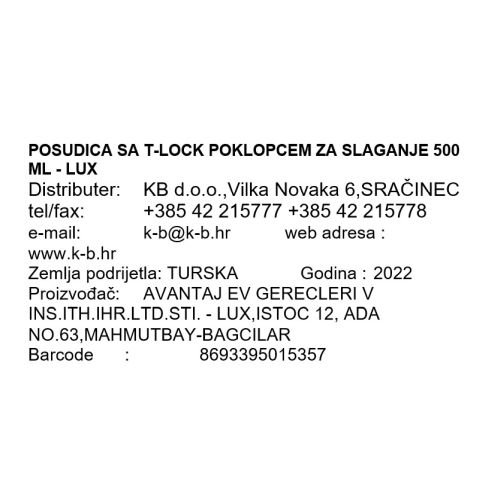 POSUDICA SA T-LOCK POKLOPCEM ZA SLAGANJE 500 ML - LUX