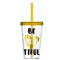 ČAŠA S NATPISOM BEAUTIFUL 660 ML - POKLOPAC I SLAMKA PVC