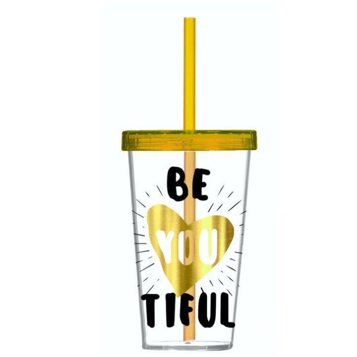 ČAŠA S NATPISOM BEAUTIFUL 660 ML - POKLOPAC I SLAMKA PVC